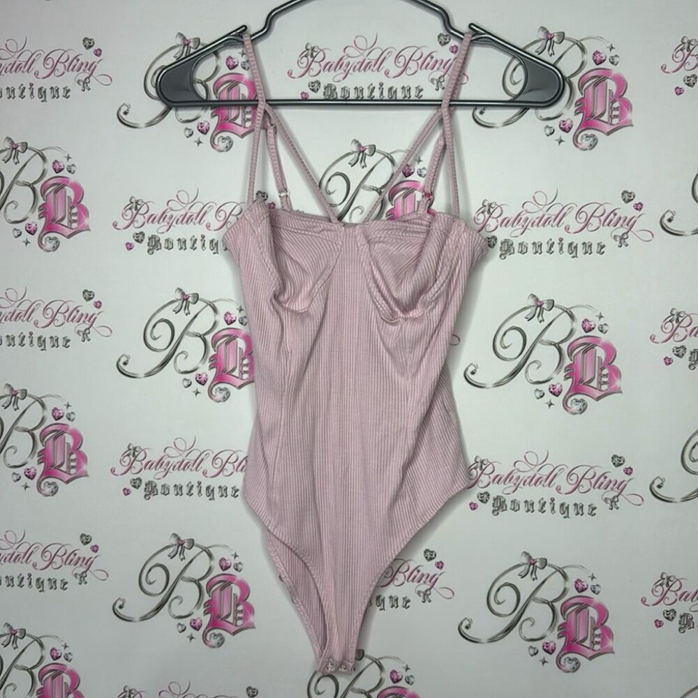 Strappy Bodysuit sexy bustier style corset look ribbed pink